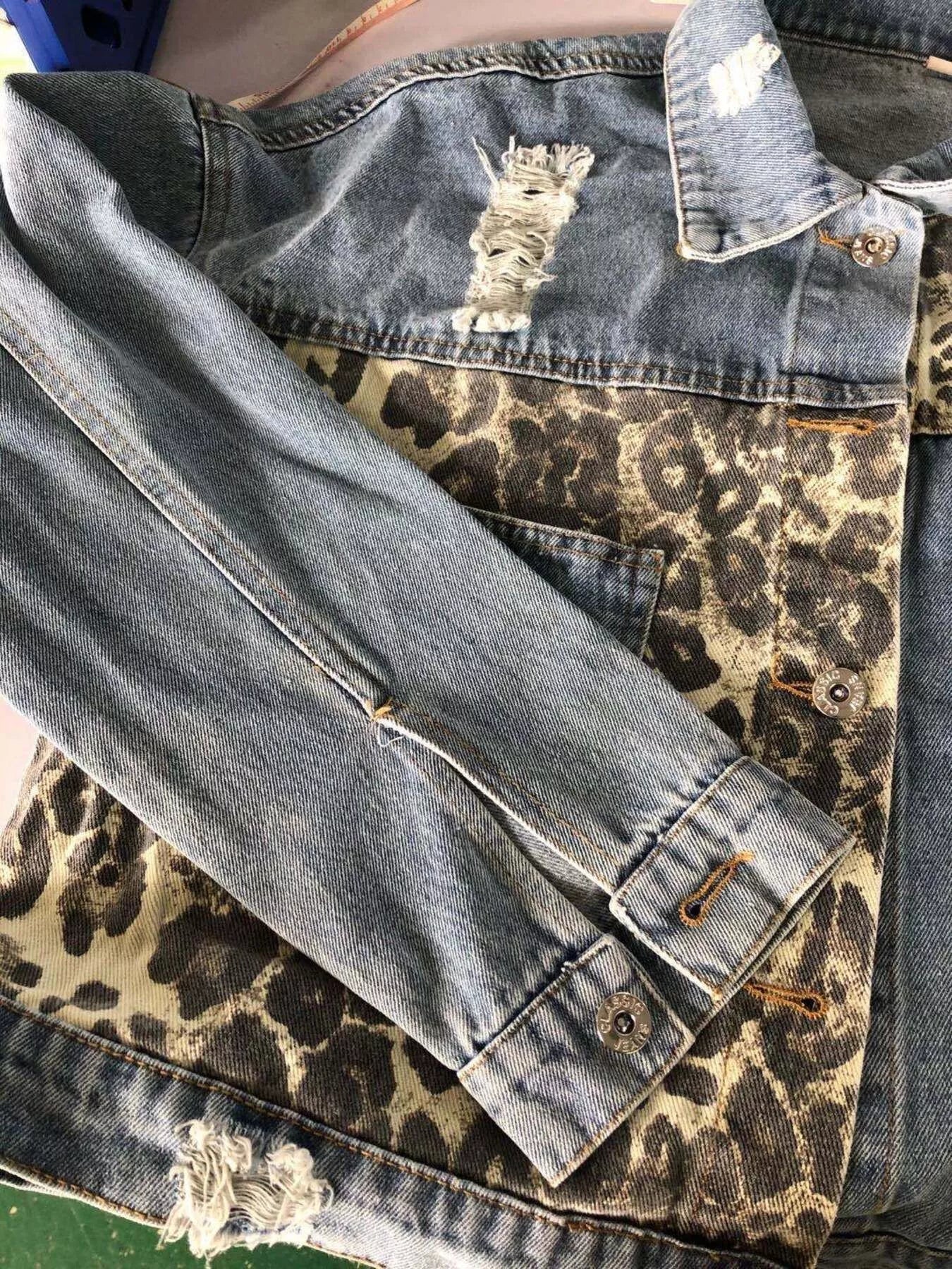 Leopard Print Button-Up Denim Jacket in Light Wash