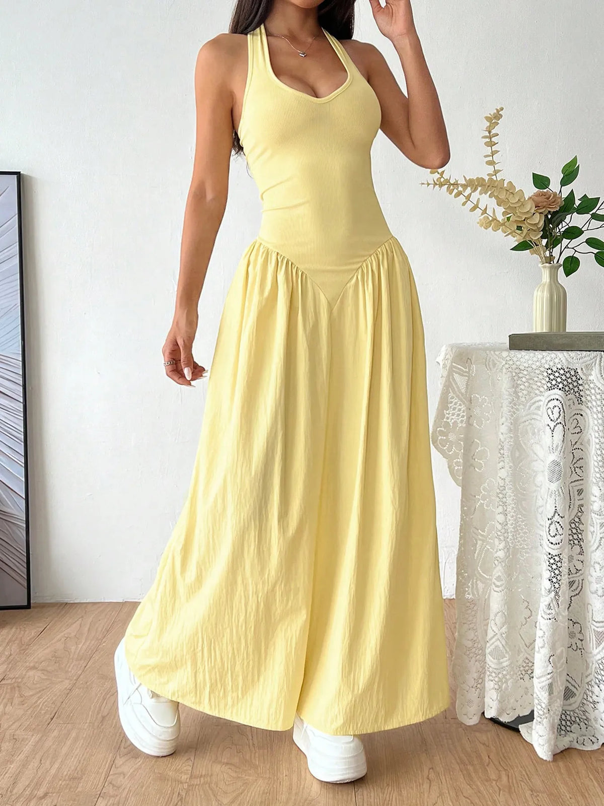 Halter Neck Maxi Dress in Light Yellow