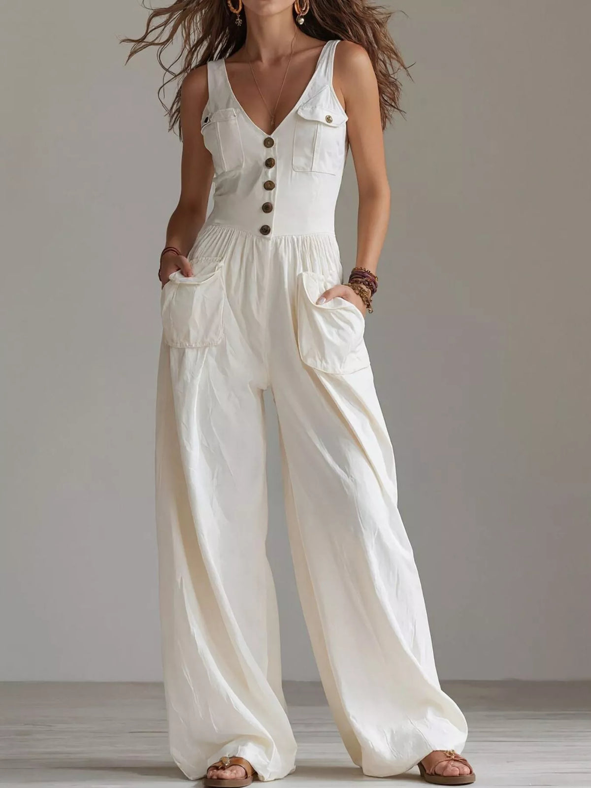 Sleeveless Button-Front Jumpsuit in White
