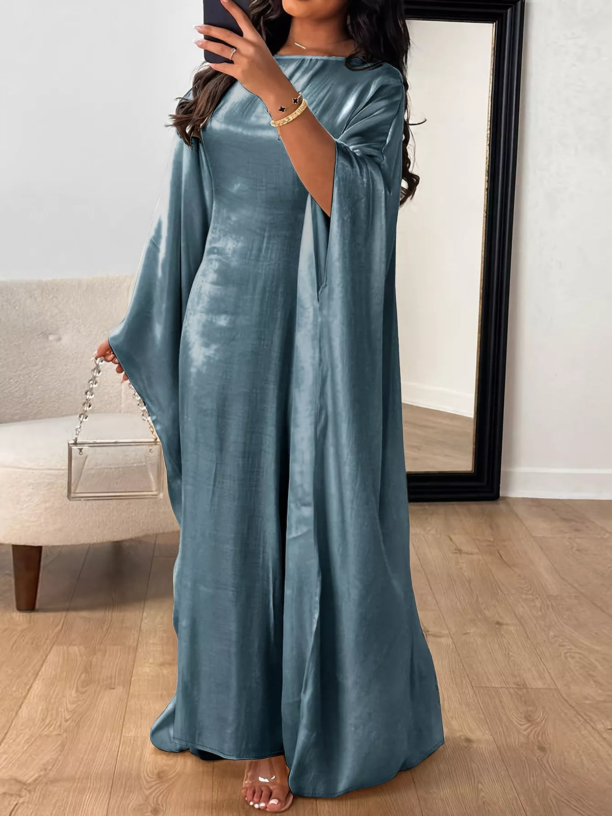 Round Neck Kimono Sleeve Maxi Dress in Deep Teal