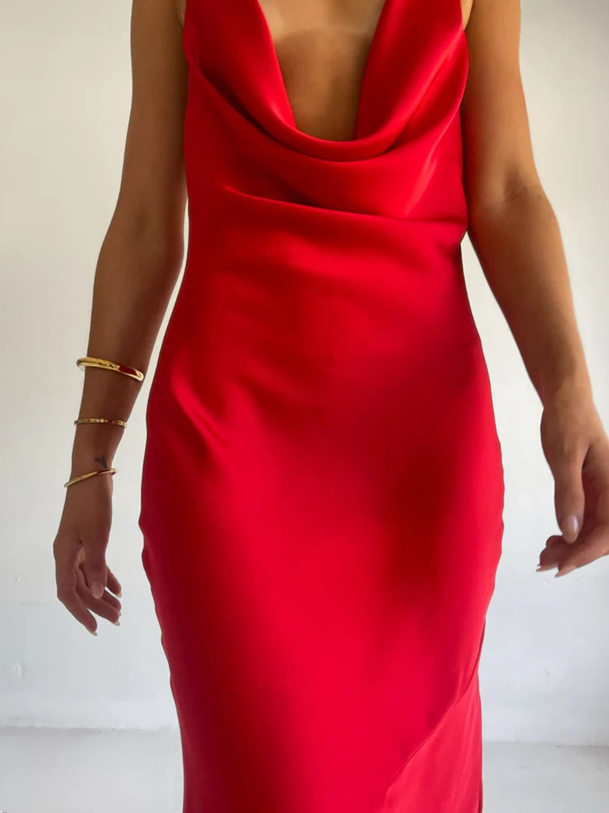 Halter Neck Ruched Satin Maxi Dress