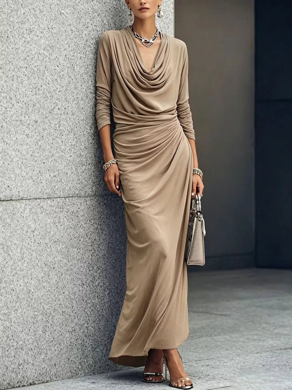 Cowl Neck Ruched Maxi Dress