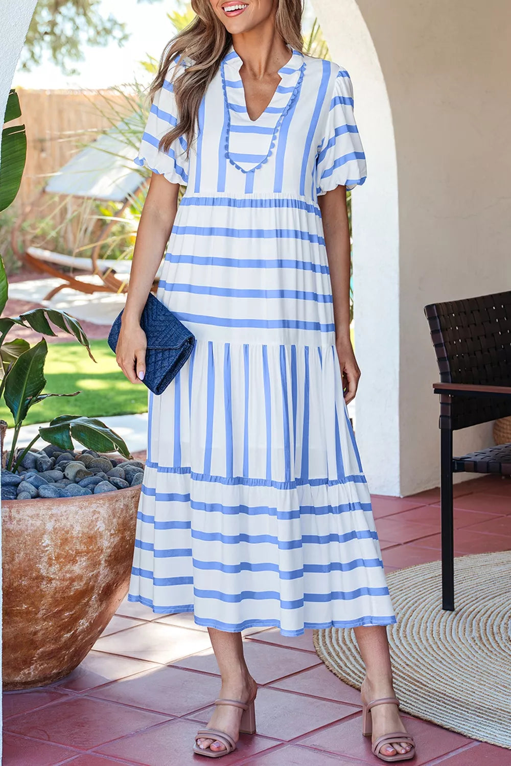 Striped Notched Neck Vacation Dress in Light Blue