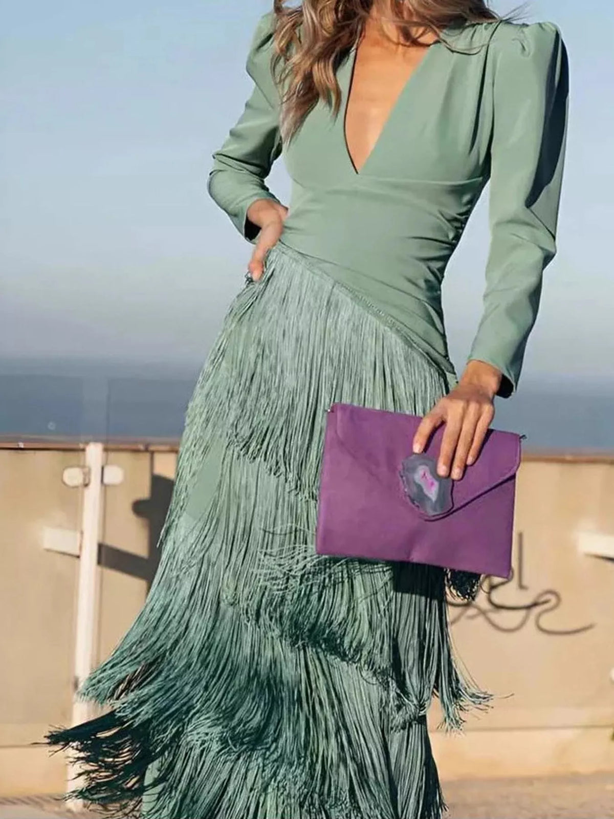 Fringed V-Neck Puff Sleeve Maxi Dress