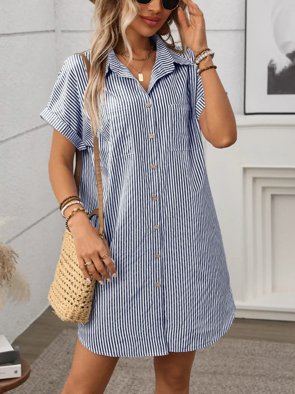 Striped Button-Down Mini Dress