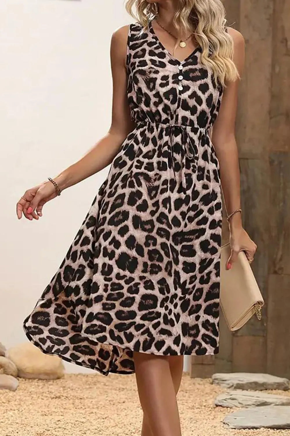 V-Neck Sleeveless Dress in Leopard by Golden Gueen