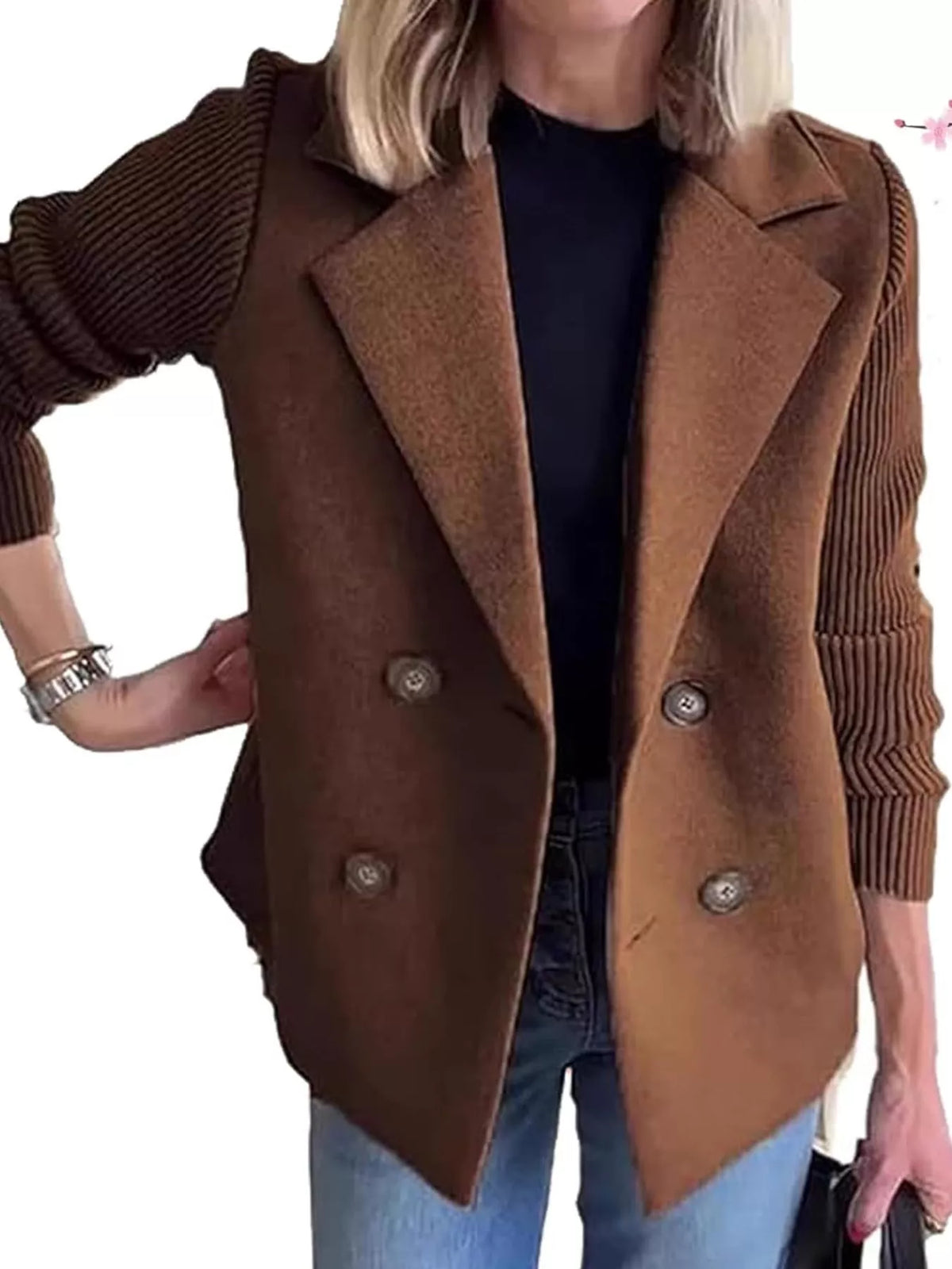 Double-Breasted Hybrid Blazer with Ribbed Knit Sleeves