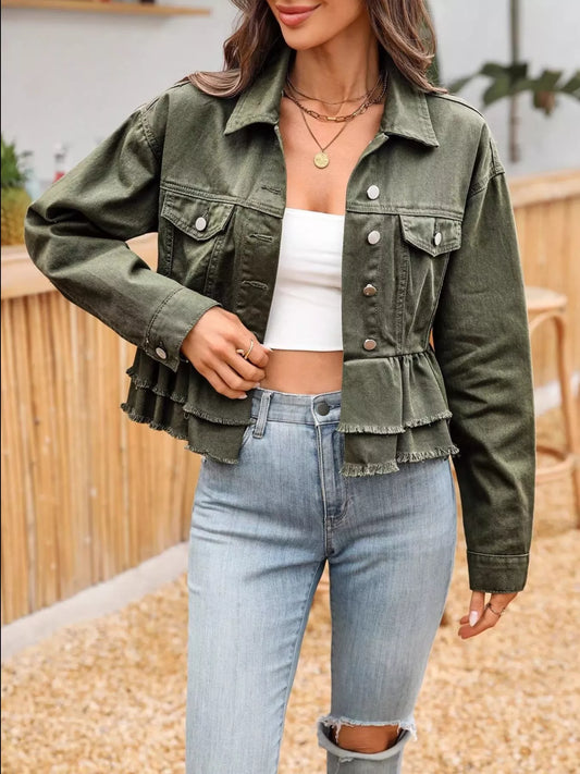 Ruffle Raw Hem Denim Jacket in Army Green