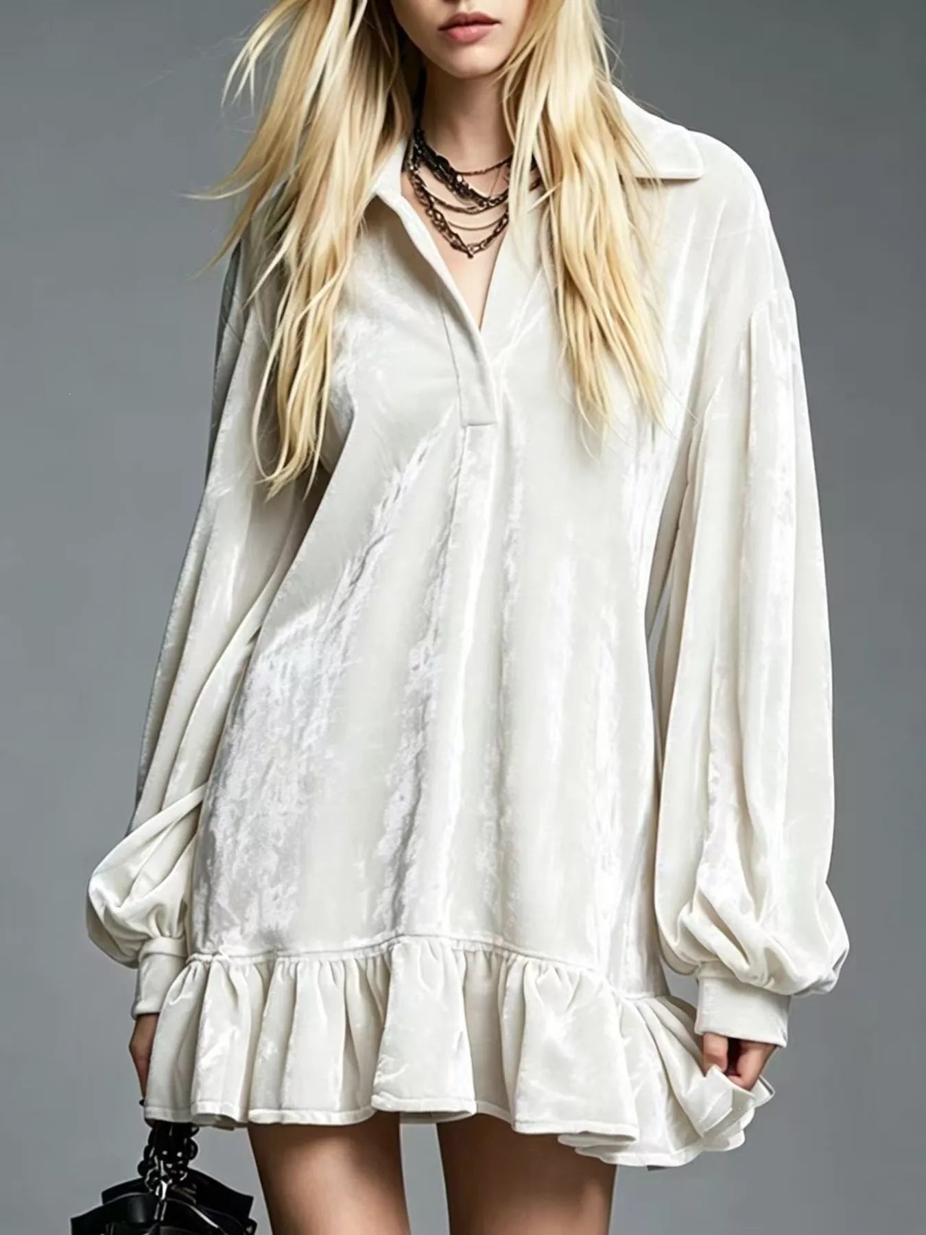 Velvet Ruffled-Hem Long Sleeve Dress