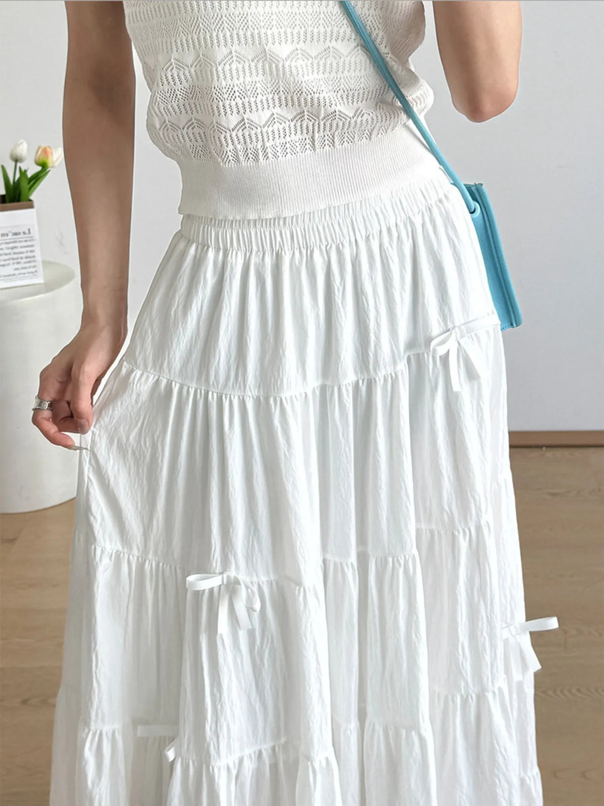 Tiered Bow Maxi Skirt with Elastic Waist