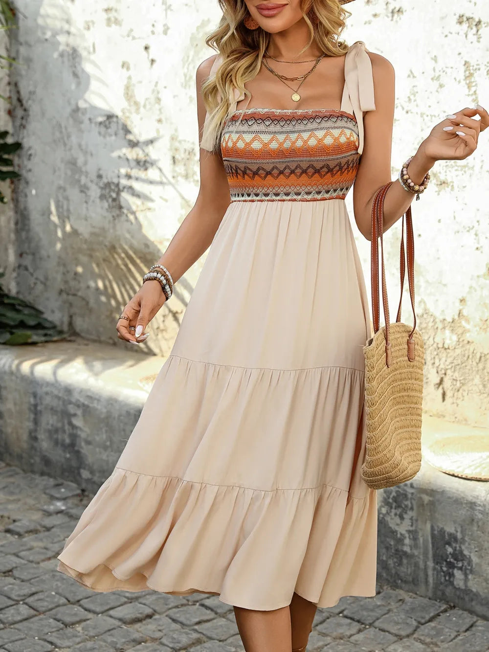 Tiered Tie-Shoulder Midi Dress