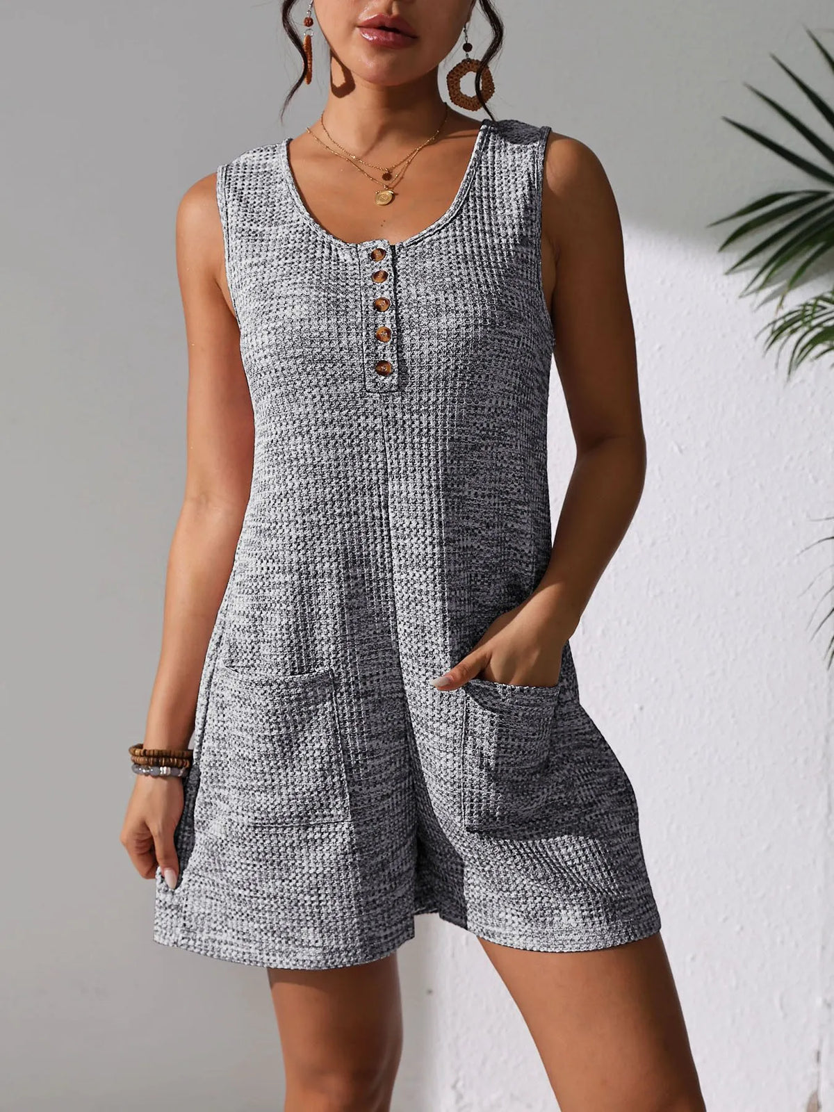 Button Front Romper with Pockets