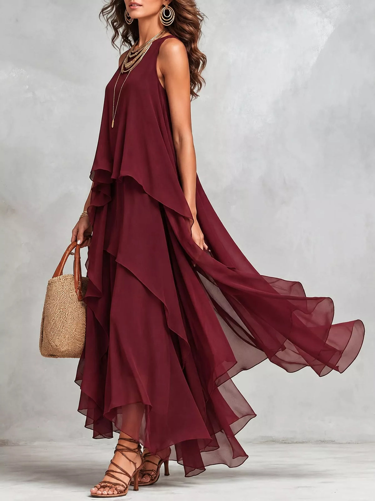 Ruffled Round-Neck Sleeveless Maxi Dress