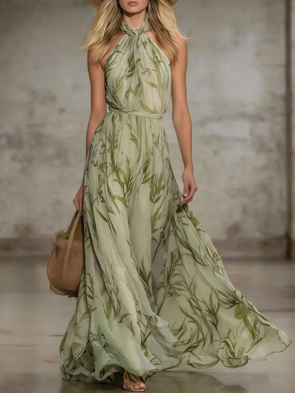 Leaf Print Sleeveless Chiffon Maxi Dress in Matcha in Matcha Color