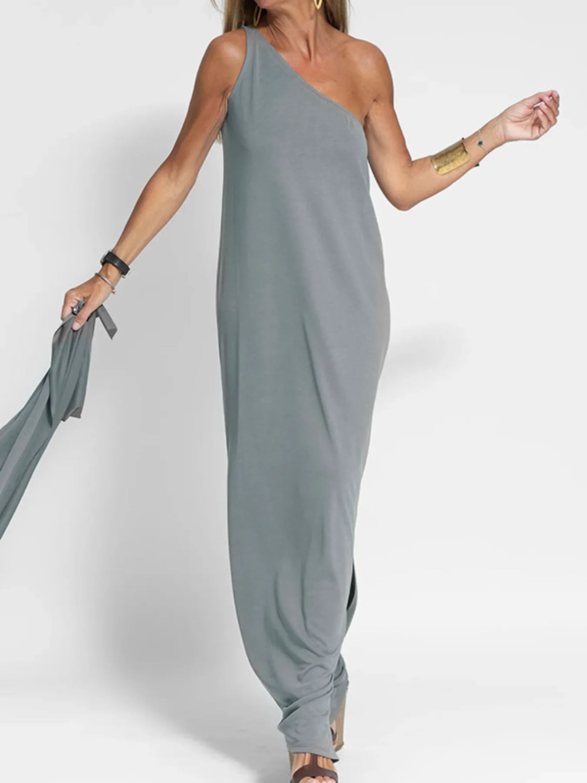 One-Shoulder Slit Maxi Dress in Grey