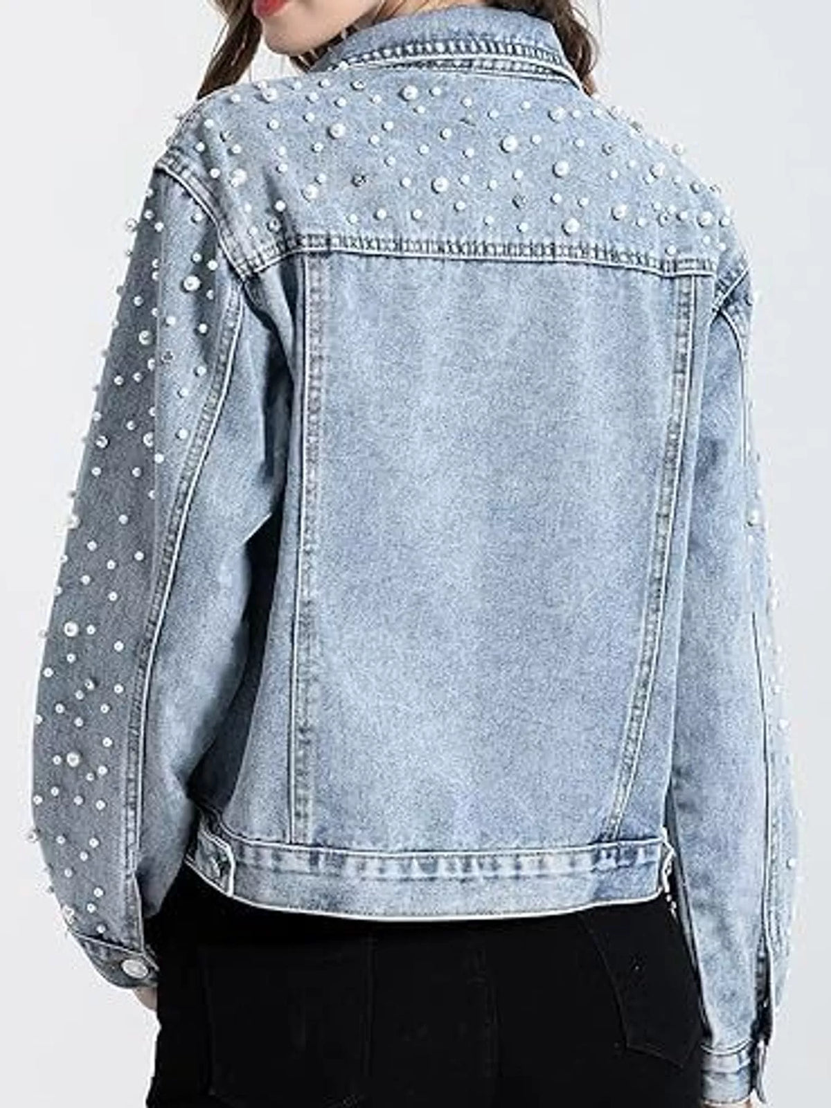 Pearl Detail Button-Up Denim Jacket