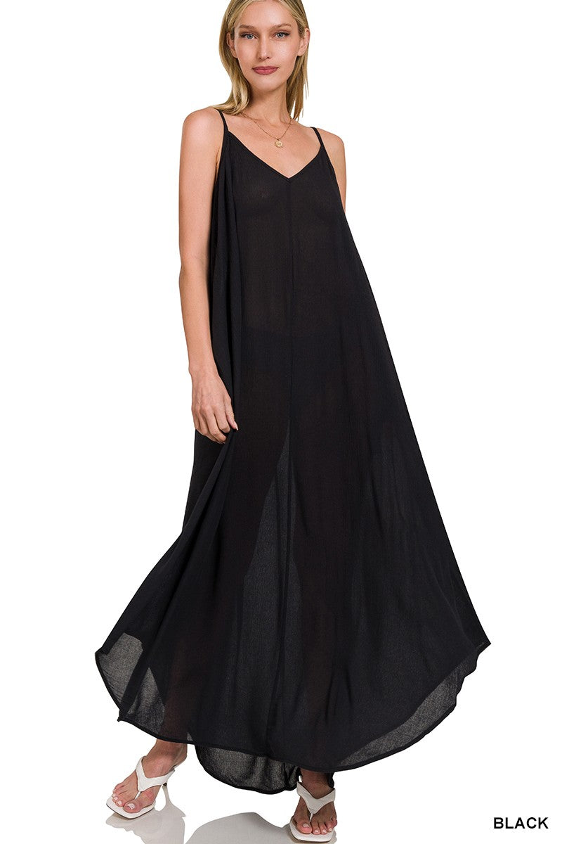 Zenana Crinkle Cami Maxi Dress in Black