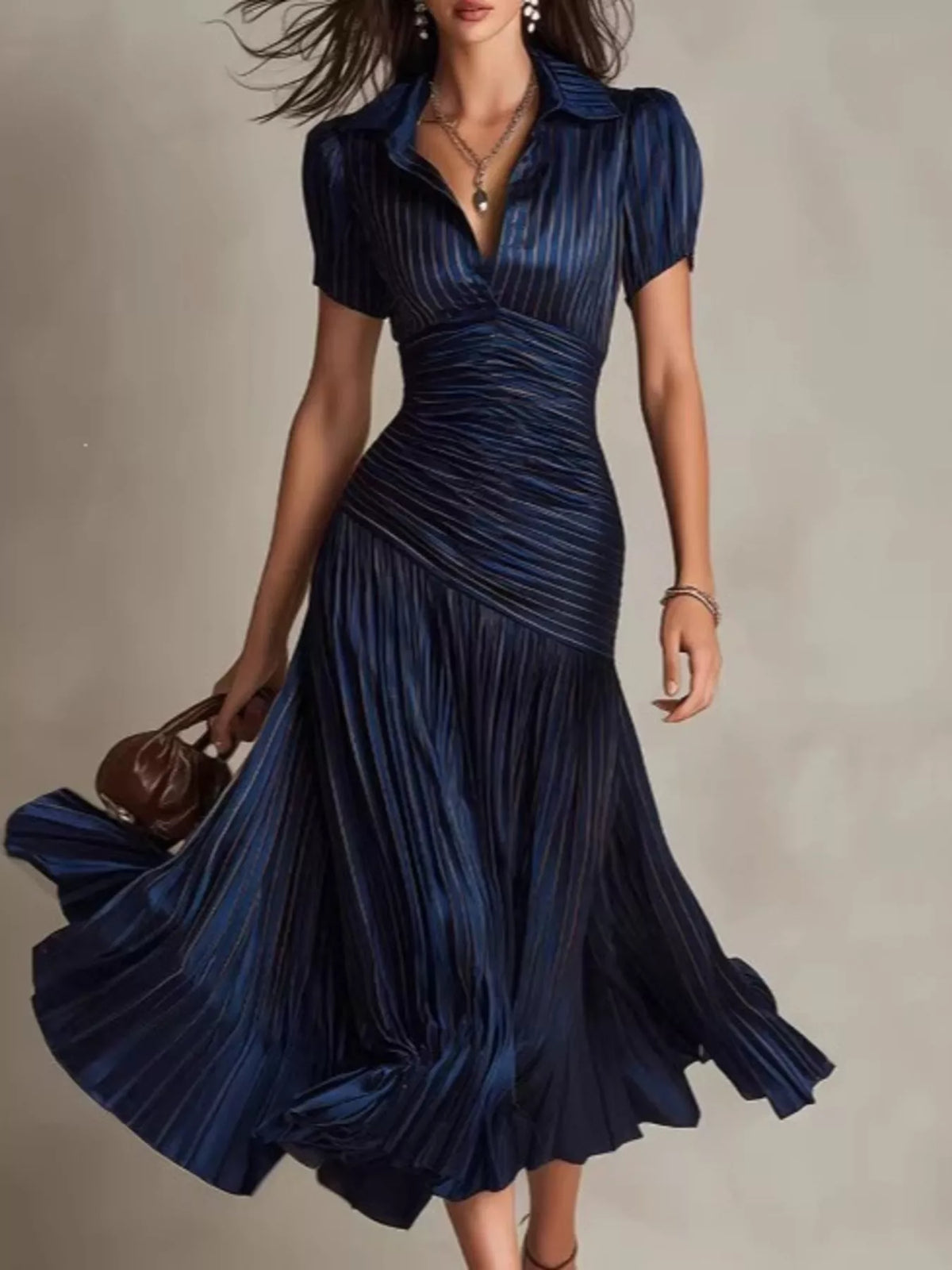 Pleated Striped Short Sleeve Midi Dress in Dark Blue