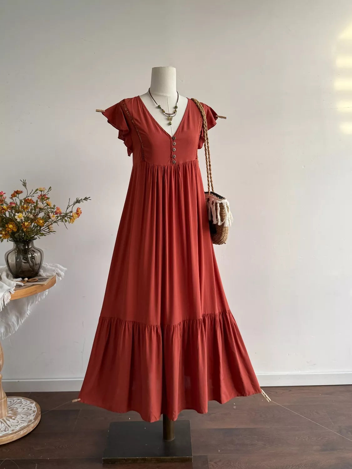 Ruffle Sleeve Maxi Dress in Rust
