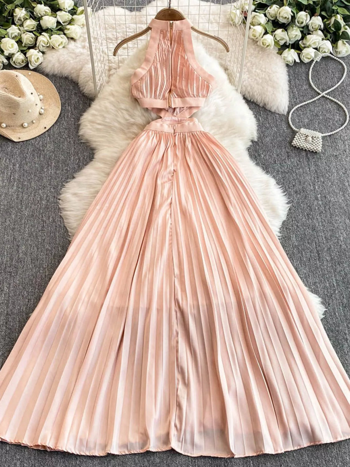 Halter Neck Pleated Maxi Dress in Watermelon Pink