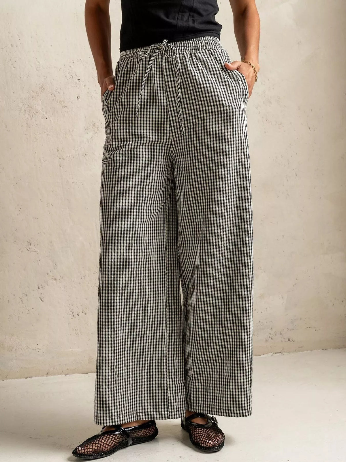 Gingham Wide-Leg Casual Pants