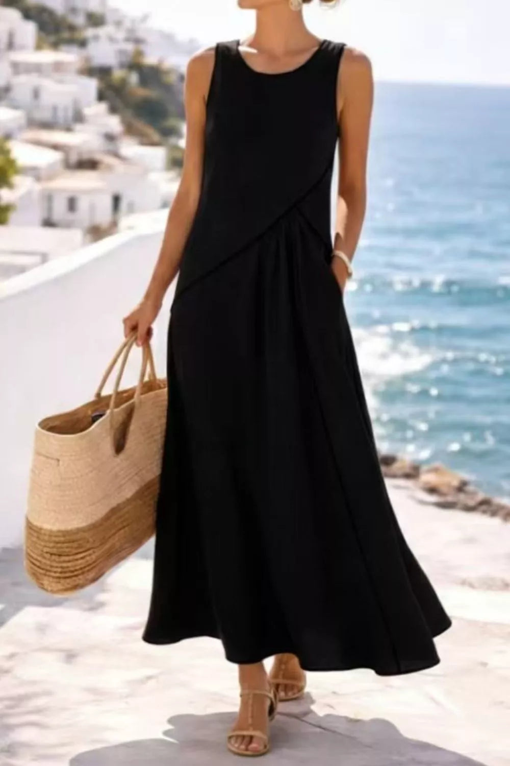 Sleeveless Maxi Dress with Contrast Trim and Pockets