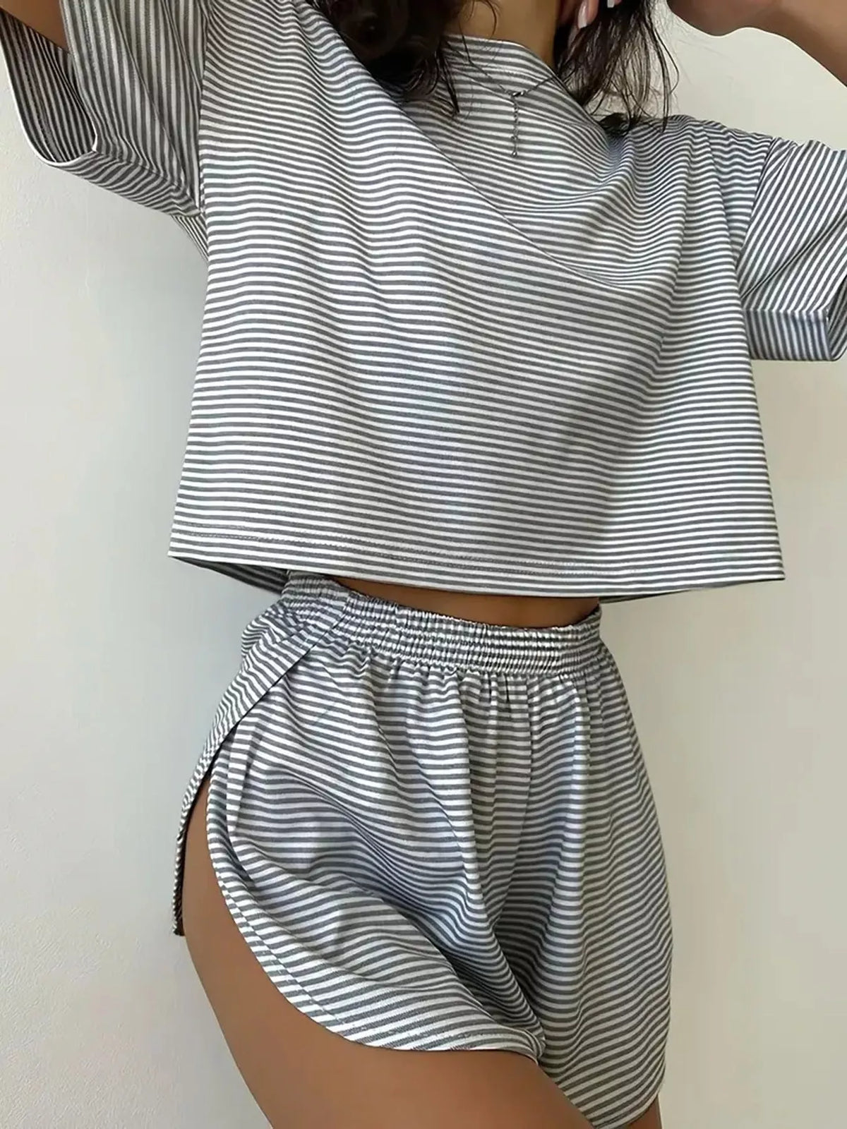 Striped Crop Top and Shorts Lounge Set