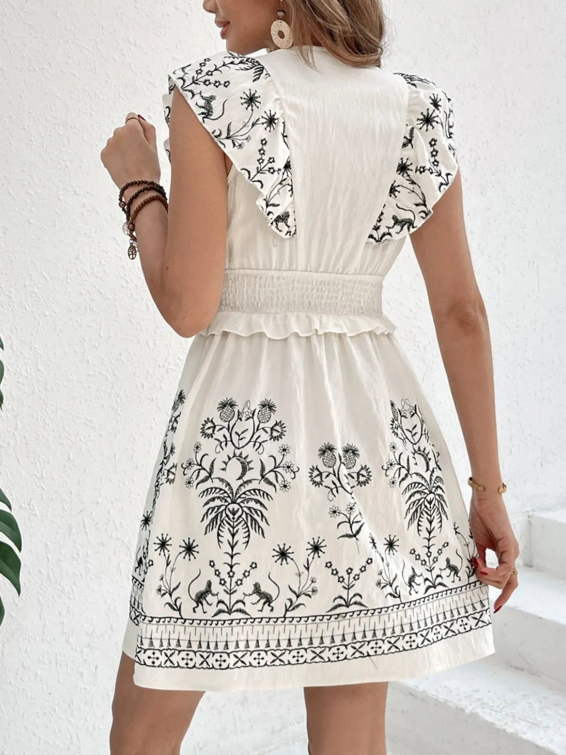 Smocked Ruffle Mini Dress in Cream
