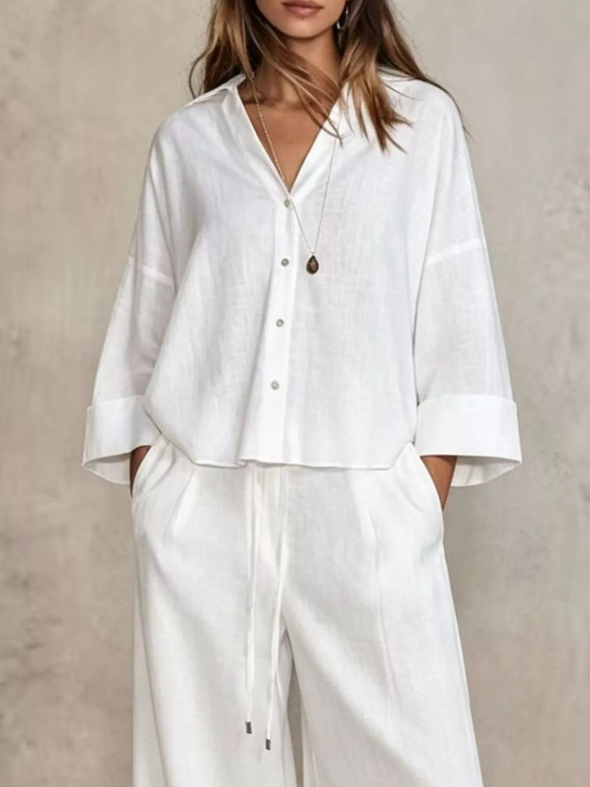Button-Down Shirt and Wide-Leg Pants Set