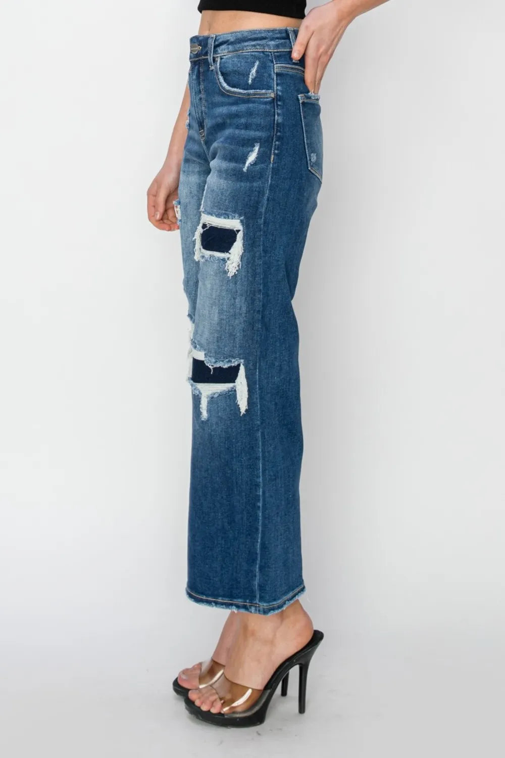 Risen High Rise Patch Detail Wide Leg Crop Jeans in Medium Wash