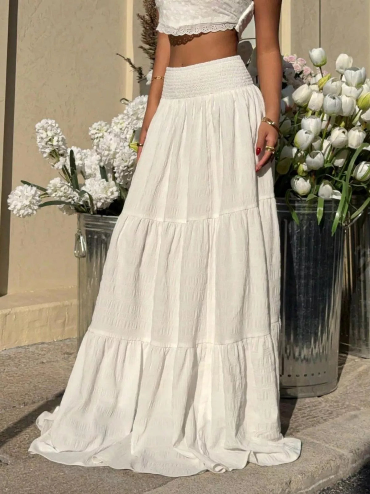 Smocked Tiered Maxi Skirt in White