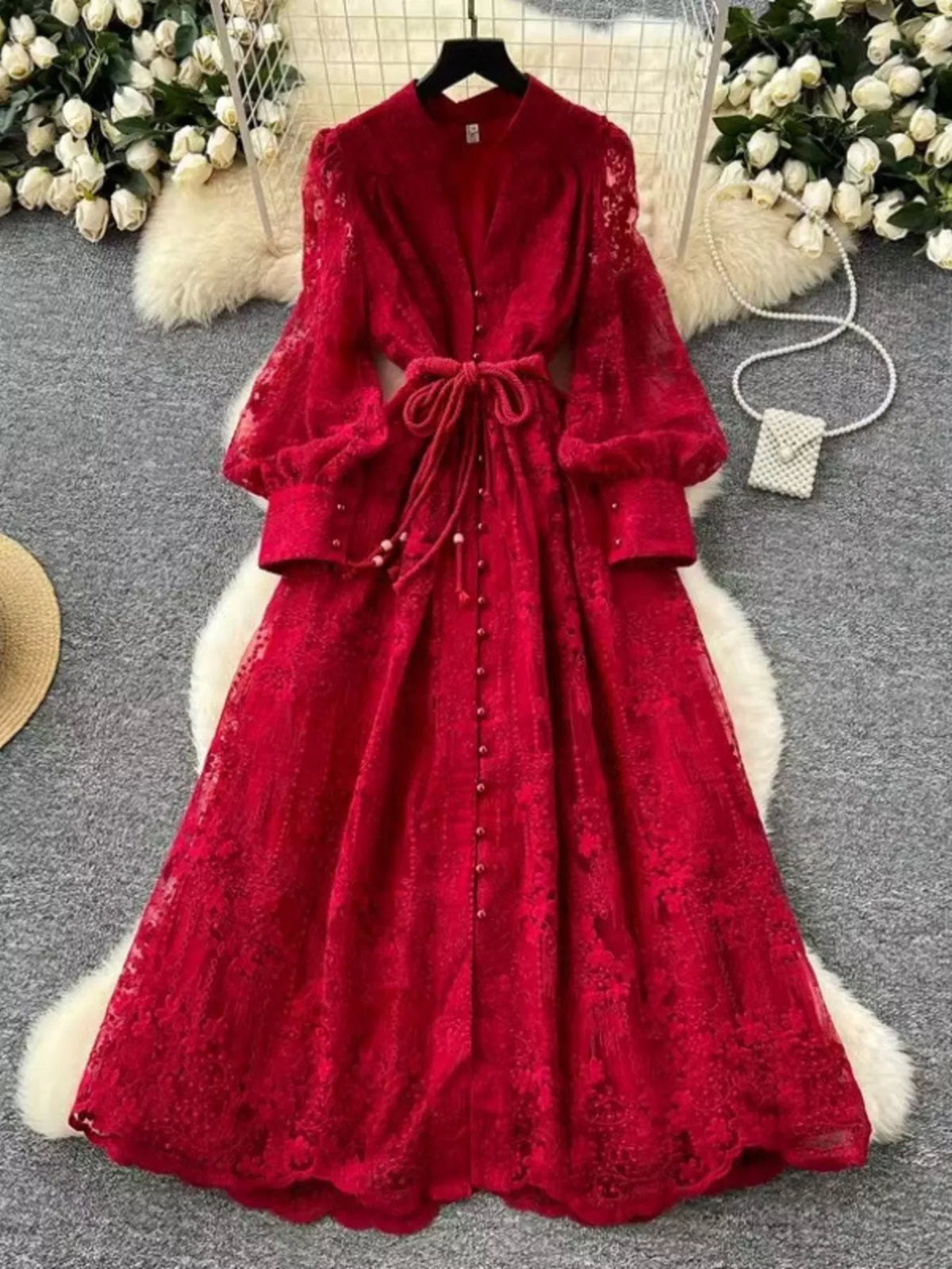 Lace Tie-Waist Long Sleeve Dress