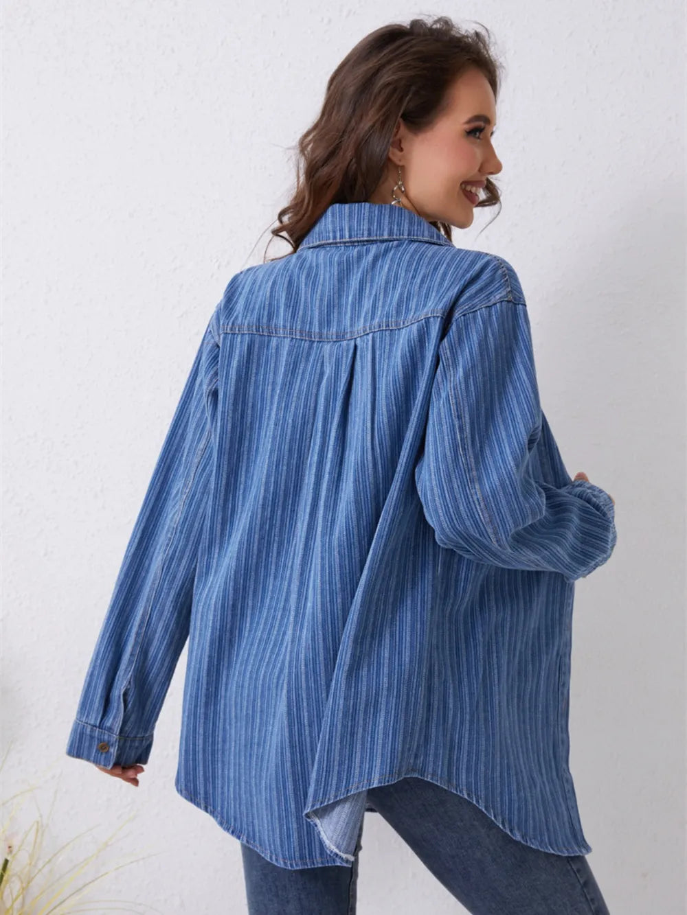 Striped Long Sleeve Denim Shirt in Medium Wash by Y.Y@Denim