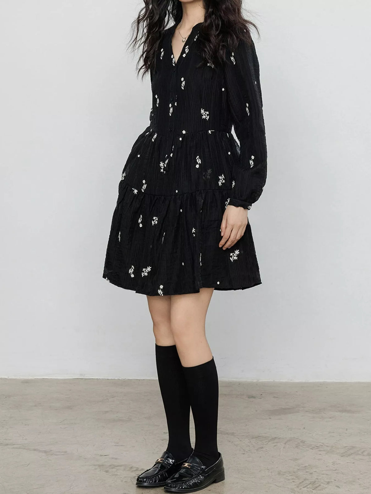 Floral Tiered Mini Dress in Black