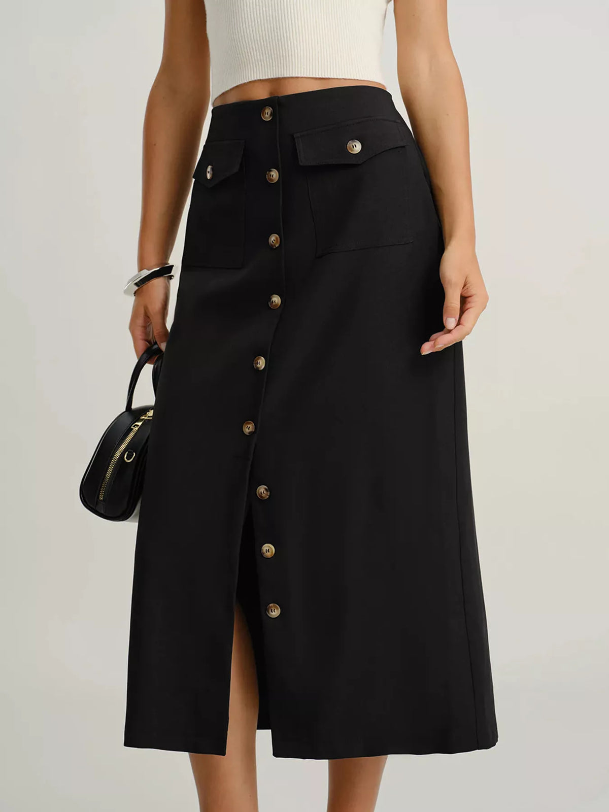 Button-Front Pocketed Midi Skirt in Black