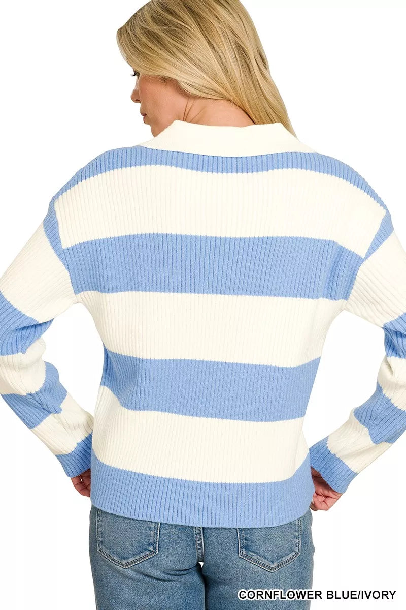 Zenana Oversized Striped Collared Sweater in Cornflower Blue/Ivory