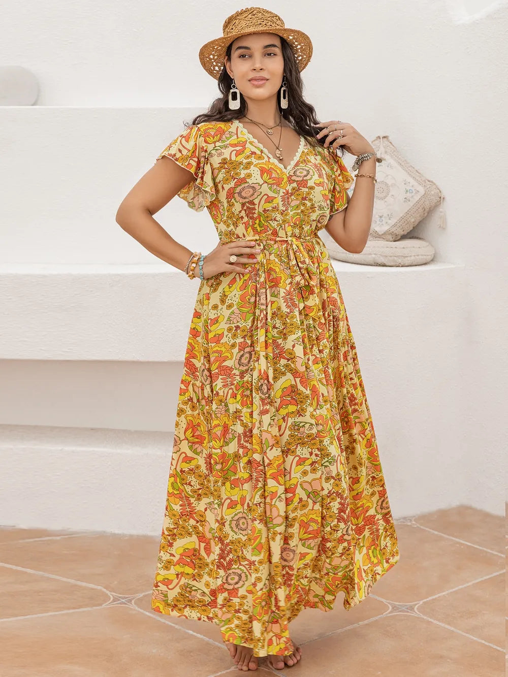 Plus Size V-Neck Maxi Dress in Gold