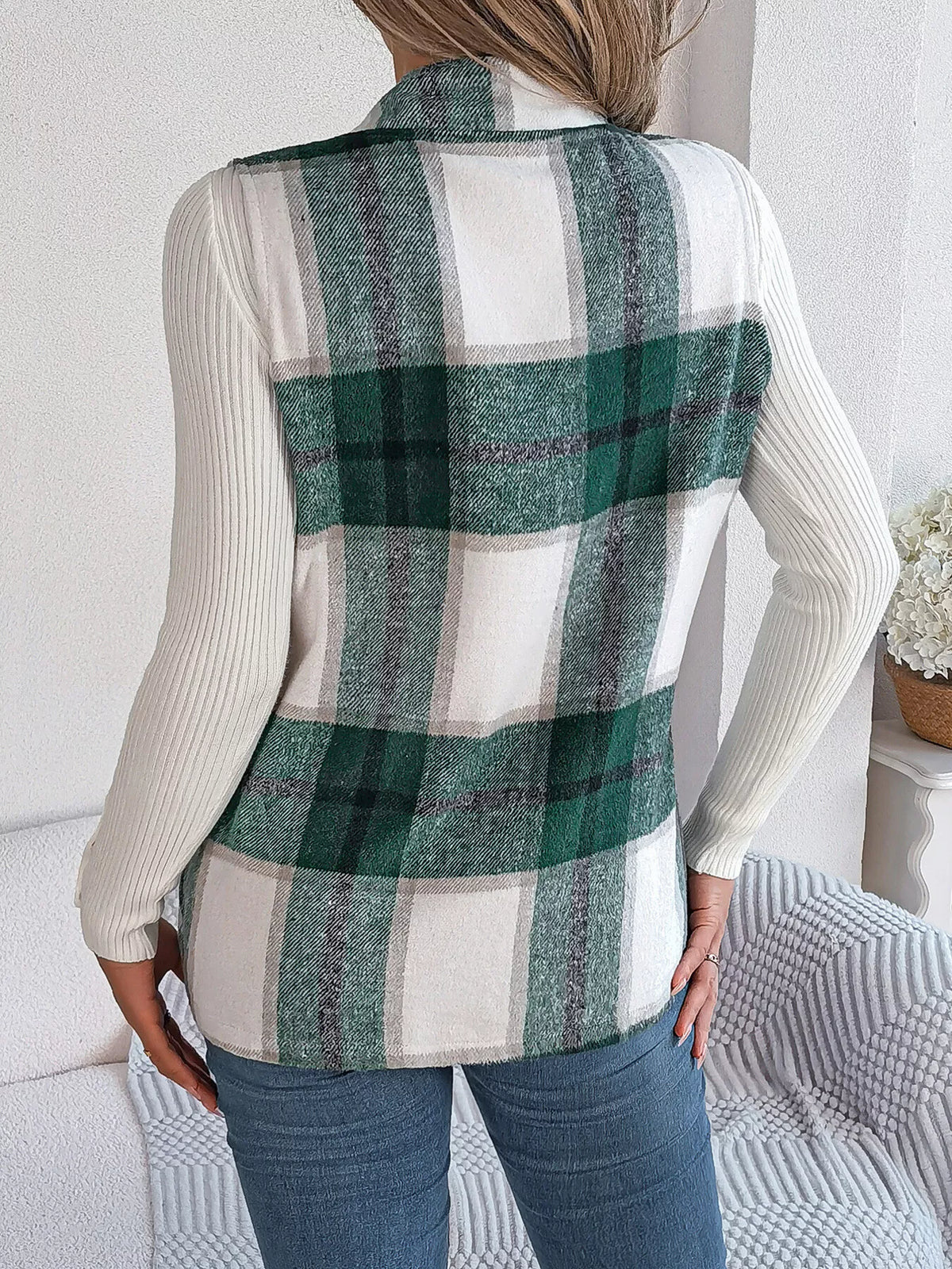 Plaid Open-Front Vest by Clise