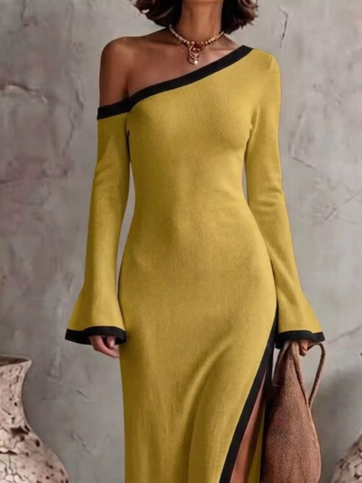 One-Shoulder Contrast Trim Maxi Dress