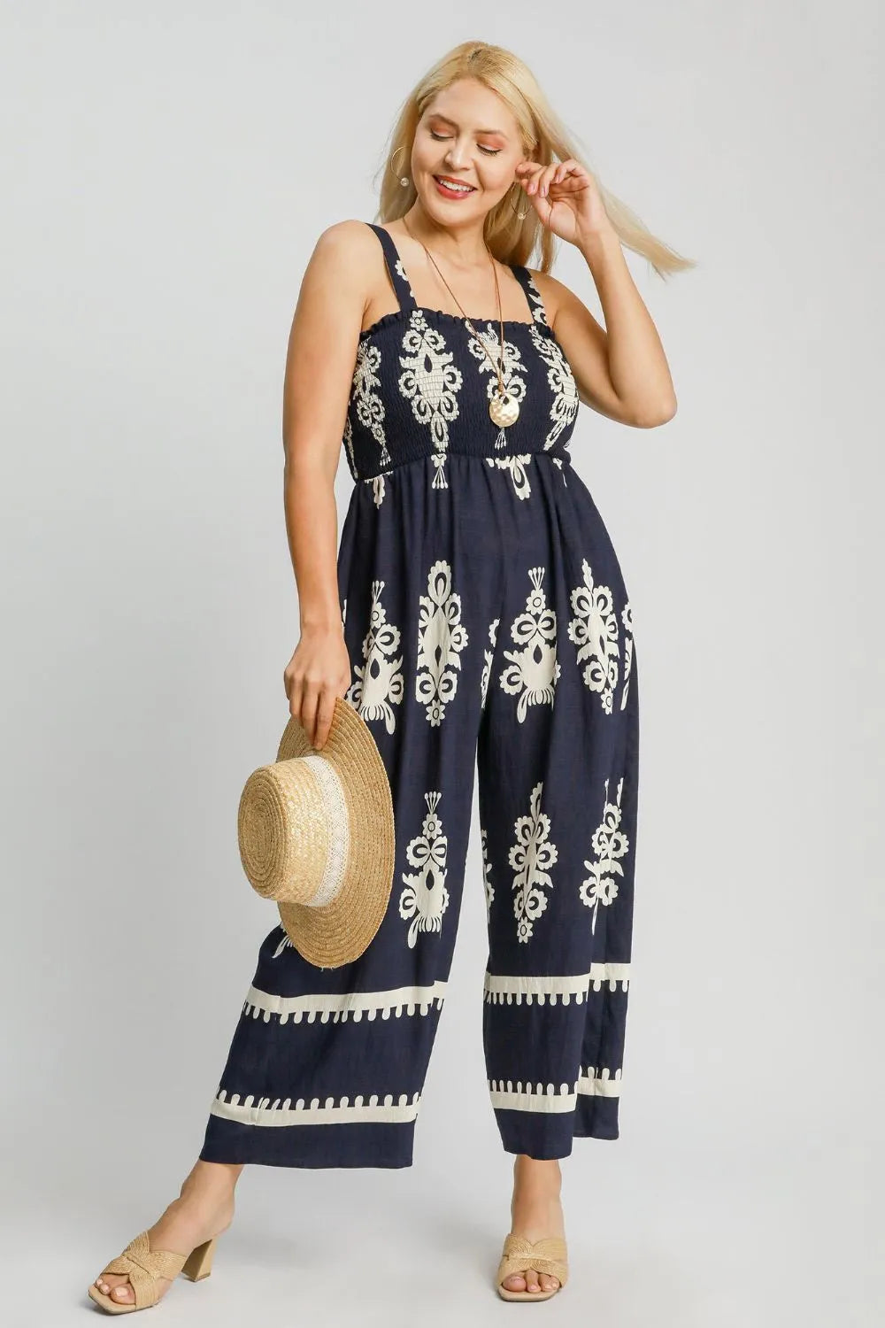 Umgee Smocked Wide Leg Jumpsuit in Dark Navy