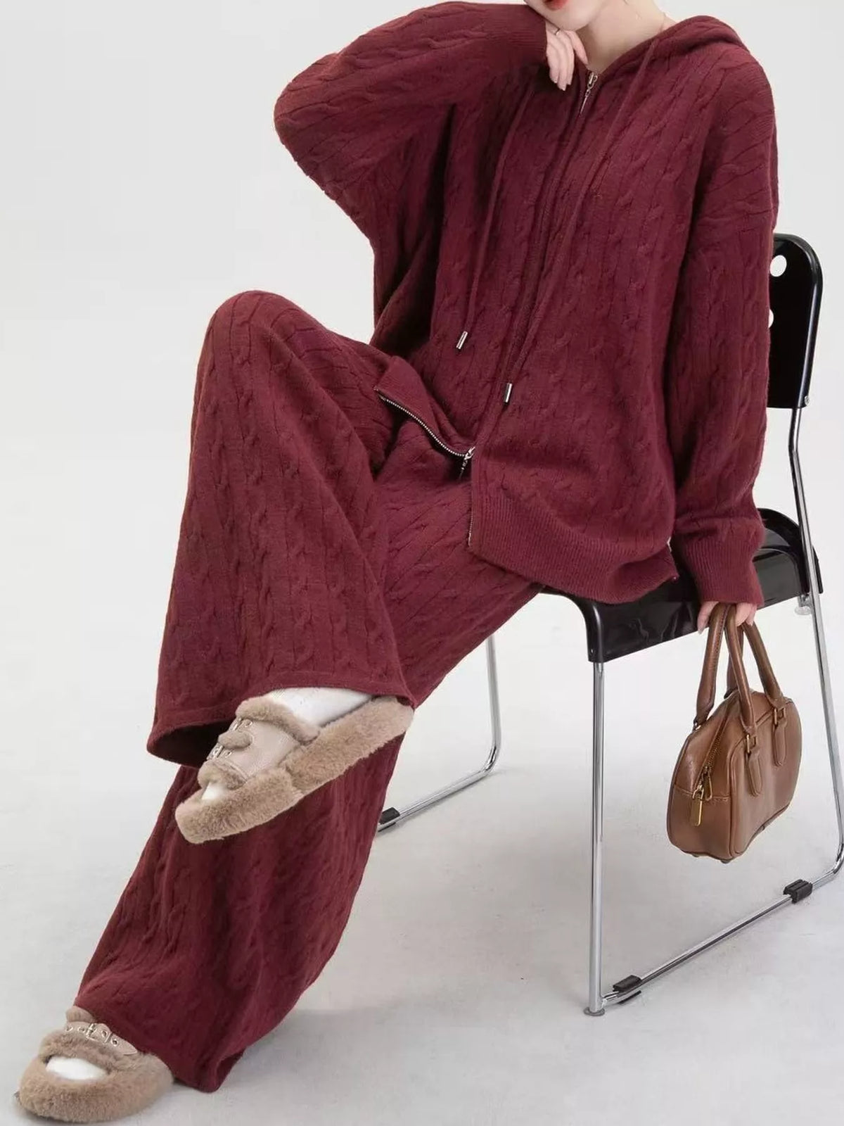 Cable Knit Zip-Up Hooded Cardigan and Wide-Leg Pants Set