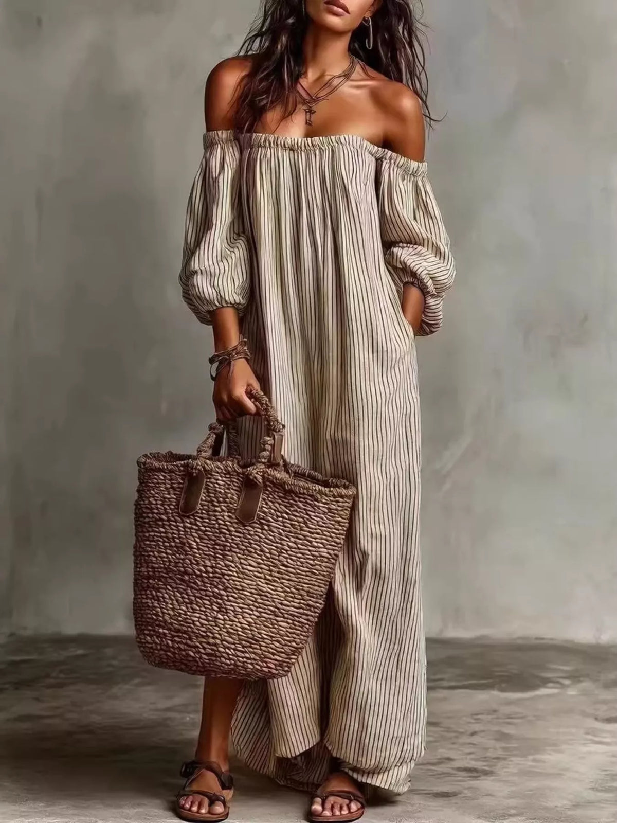 Off-Shoulder Striped Maxi Dress with Puff Sleeves