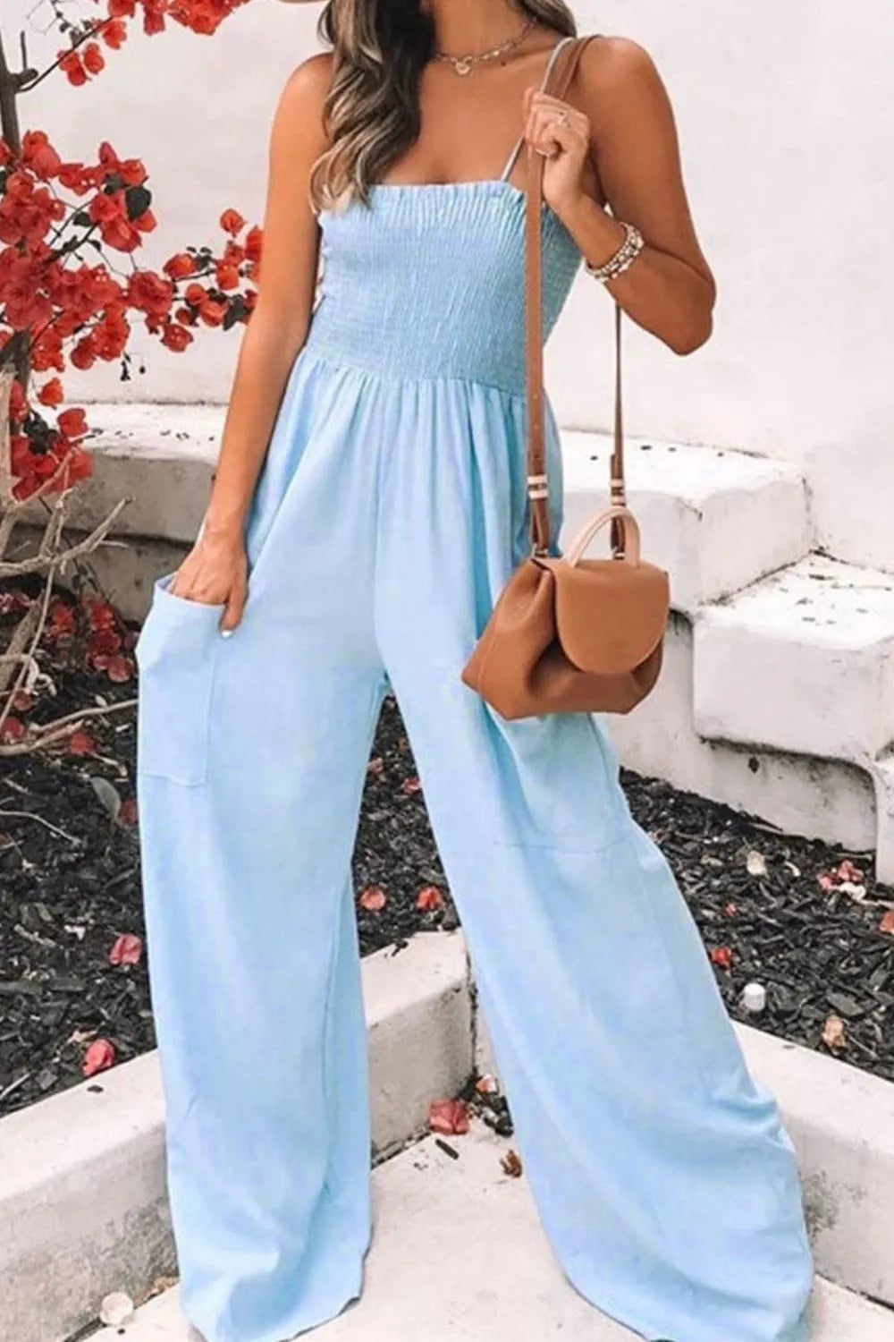 Smocked Spaghetti-Strap Wide-Leg Jumpsuit