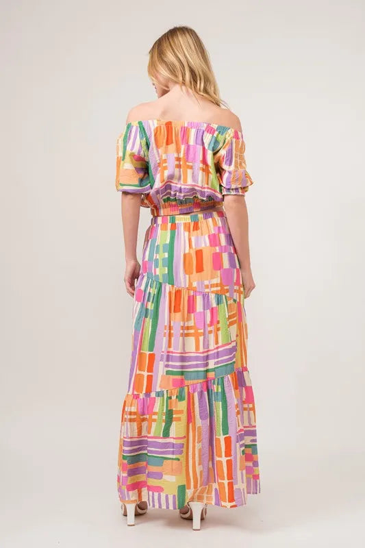 And The Why Geo Print Puff Sleeve Crop Top in Multi