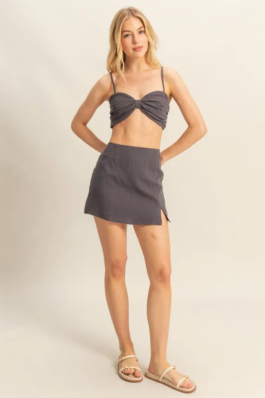 Hyfve Ruched Bra Top and Mini Skirt Set in Charcoal