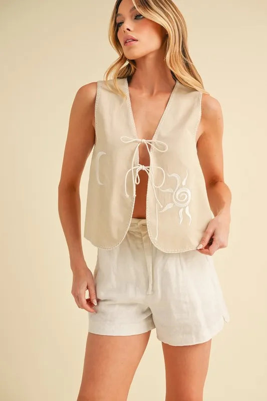 Embroidered Tie Front Vest Coat in Oat