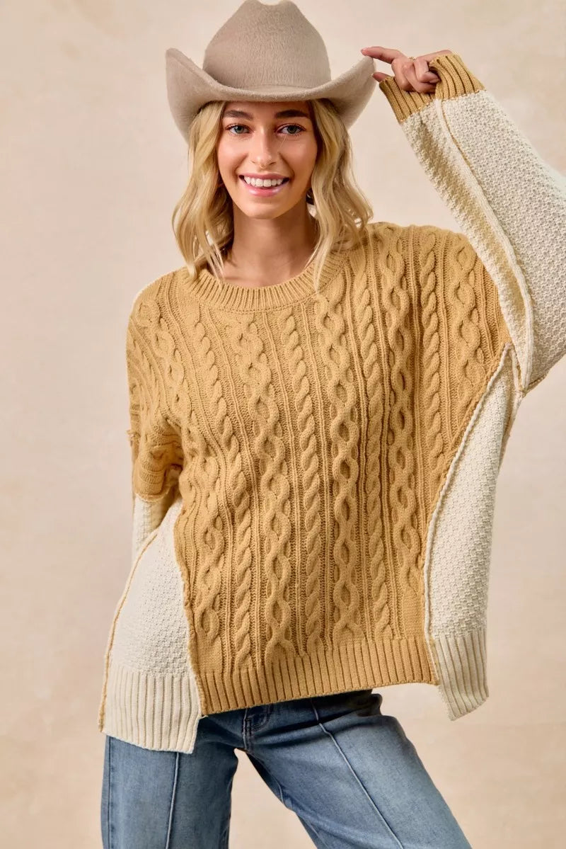 Mustard Ivory Cable Knit Hacci Combo Sweater in Lt mustard/ivory by BiBi