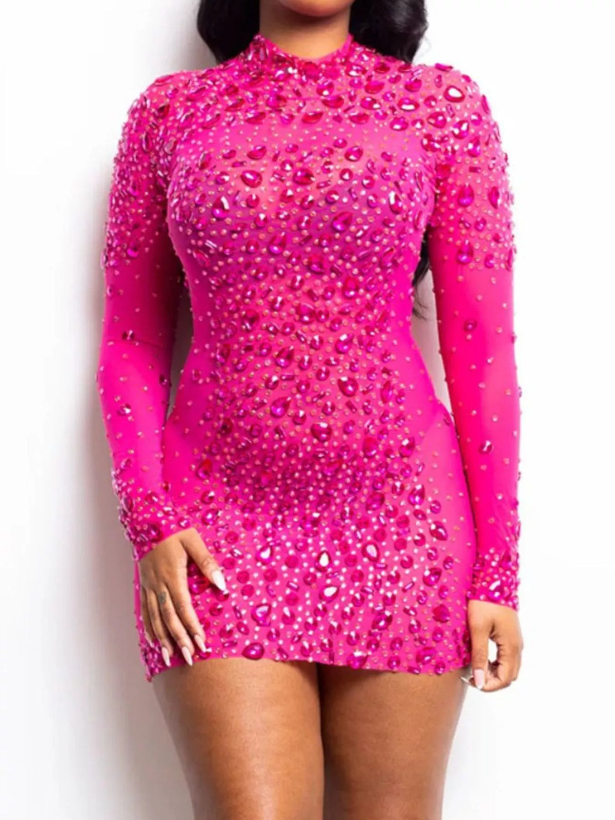 Long Sleeve Rhinestone Mesh Bodycon Mini Dress