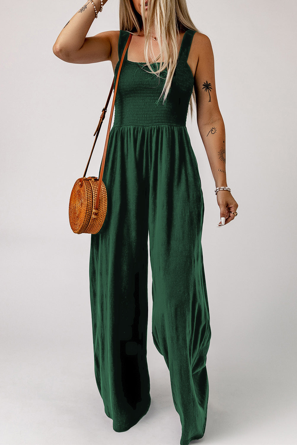Smocked Square Neck Wide Leg Jumpsuit