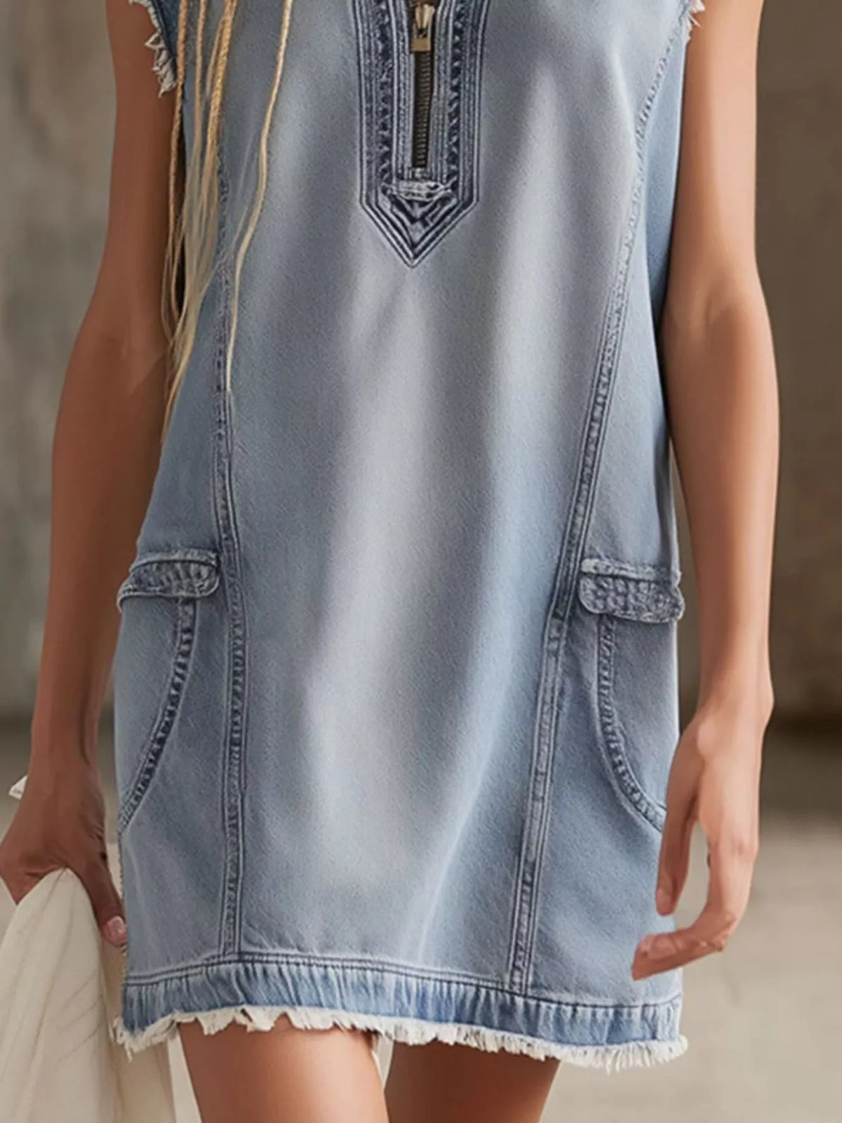 Frayed Hem Zip-Front Denim Mini Dress in Blue